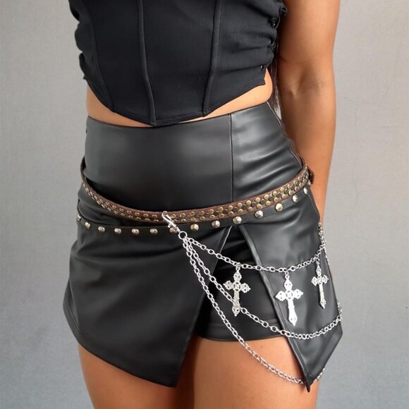 Stylish Gothic Rivet Adjustable Belt - Unisex Punk Silver Cross Multi Layer - Picture 1 of 4